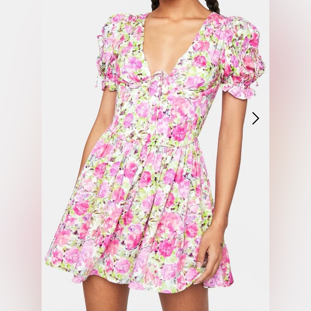 For Love And Lemons Pink Paulina Puff Sleeve Floral Mini Dress